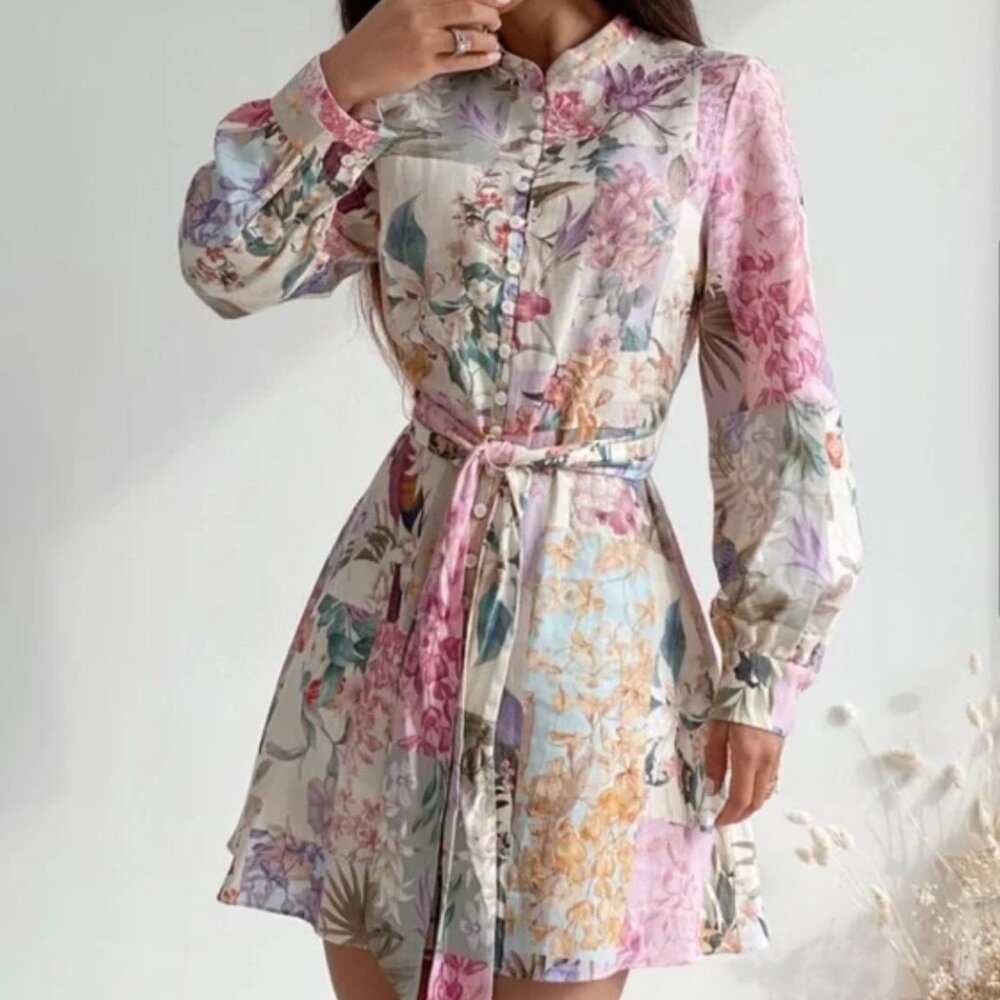 NWT Zara Linen blend blogger favorite Floral Shirt Dress